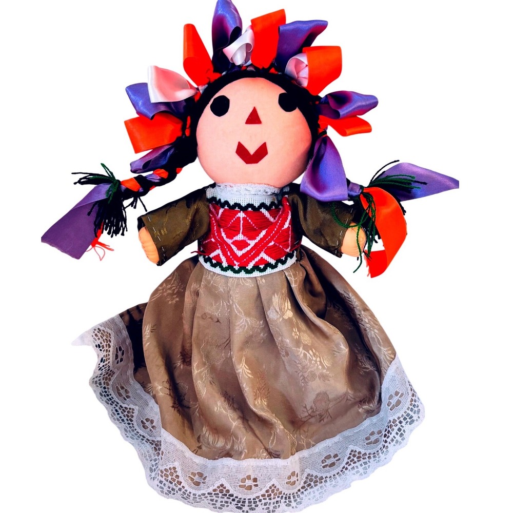 Vintage Handmade Folk Art Rag Doll 14.5" Cloth Doll Braid Ribbon Hair Lace Dress
